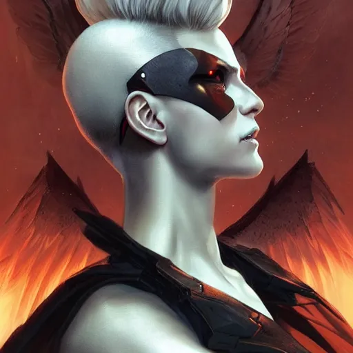 Image similar to androgynous fallen angel with shaved head on one falling through the sky while battling superior larger angels, beautiful, symmetrical, hd, highly detailed, 4 k, artgerm, cyberpunk, art by greg rutkowski