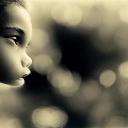 Image similar to portrait, extreme close up, sepia, teenager light - skin girl, afro hair, stares at the camera, night sky, stars, bruce gilden, leica s, fuji 8 0 0, grainy, low light