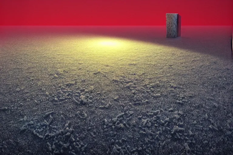 Image similar to a hd render of a surreal frozen landscape, cinematic lighting, by beeple and zdzisław beksinski, red cube of light
