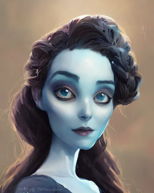 Prompt: elegant mysterious solemn zombie victoria everglot from the corpse bride, portrait, illustration, rim light, top light, summer clear blue sky, perfectly shaded, soft painting, art by krenz cushart and wenjun lin