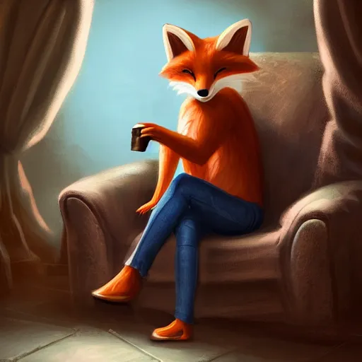 Image similar to an anthropomorphic fox wearing a t-shirt and jeans sitting on a couch, 8k resolution matte fantasy painting, cinematic lighting, DeviantArt, Artstation, furry, anthro, anthropomorphic, furaffinity