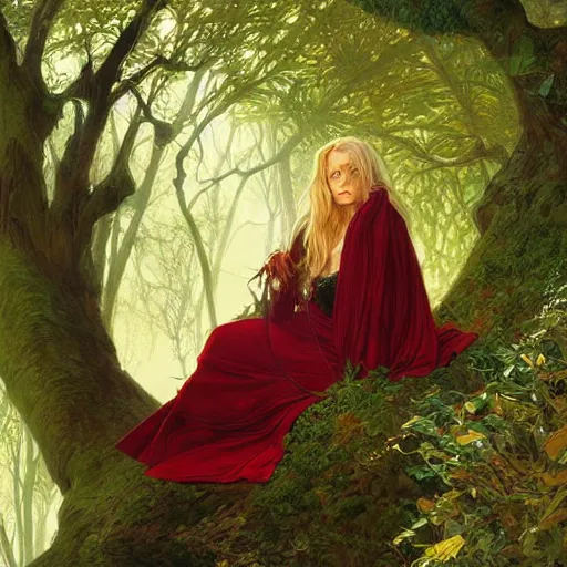 Prompt: portrait of a woman resting on large tree, dark red cloak, blonde hair, green lines, sharp focus, intricate, cinematic lighting, smooth, ultra realistic illustration, high fantasy, elegant, by artgerm, greg rutkowski, alphonse mucha magali villeneuve