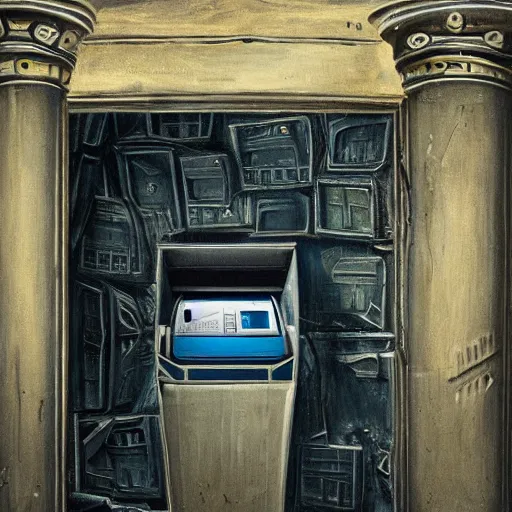 Image similar to detailed painting of a scifi abandoned atm, celestial ephemeral ornaments and greek architecture, artstation, h. r giger, in africa, cinematic