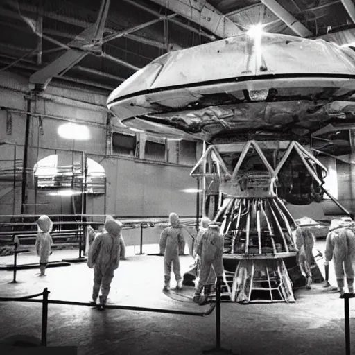 Image similar to dismantled ufo spaceship in hanger with people in hazmat suits standing around, grainy, vintage photo, sepia, old photo, realistic, detailed,