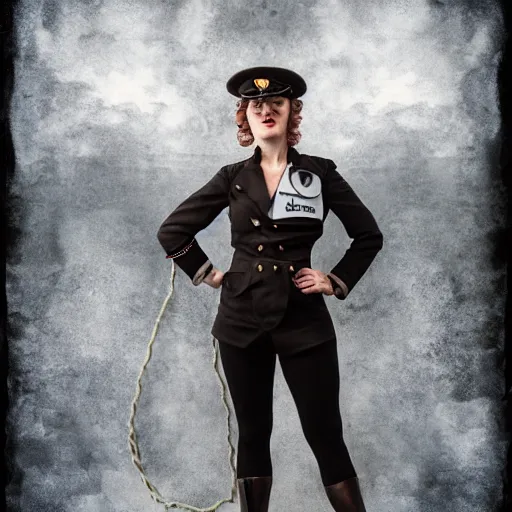 Image similar to simona sbaffi as a dieselpunk submarine captain, portrait, photography by anna fischer