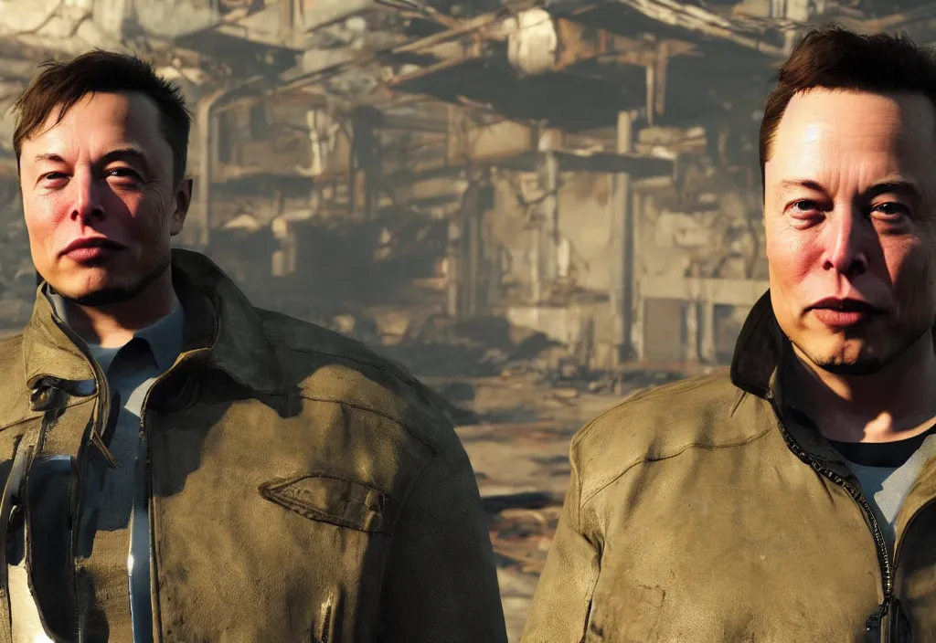 Image similar to elon musk in the video game in fallout 4, apocalyptic wastland, close up, 3 d rendering. unreal engine. amazing likeness. very detailed.