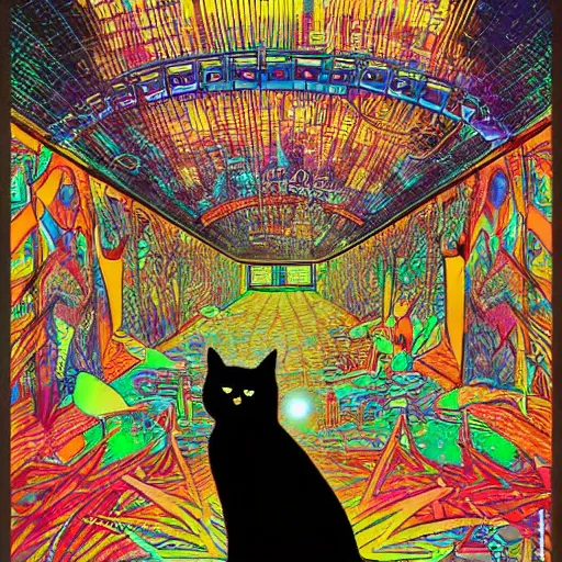 Image similar to dmitri the black cat stalks the exclusion zone lsd poster psychedelic