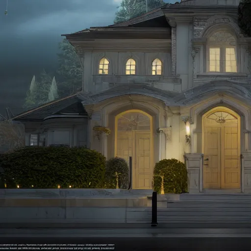 Image similar to Exterior of modern mansion, beautiful dynamic lighting, cinematic, wide angle establishing shot, extremely high detail, photo realistic, cinematic lighting, post processed, concept art, artstation, matte painting, style by eddie mendoza, raphael lacoste, alex ross, volumetric lighting, light rays, photorealistic, ultrarealistic, moody, coronarender, 8k