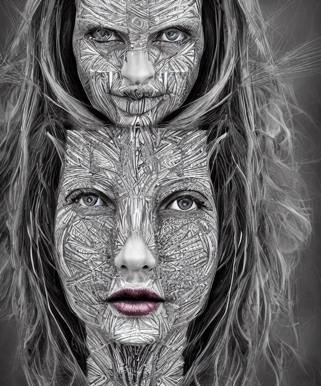 Prompt: A epic photo illustration of beautiful woman symmetrical portrait by Michael Sydney Moore, Alex Grey, hyper detailed, 50mm, award winning photography