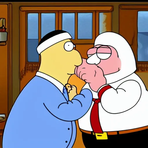 Prompt: peter griffin kissing osama bin laden in family guy, detailed faces, highly detailed,