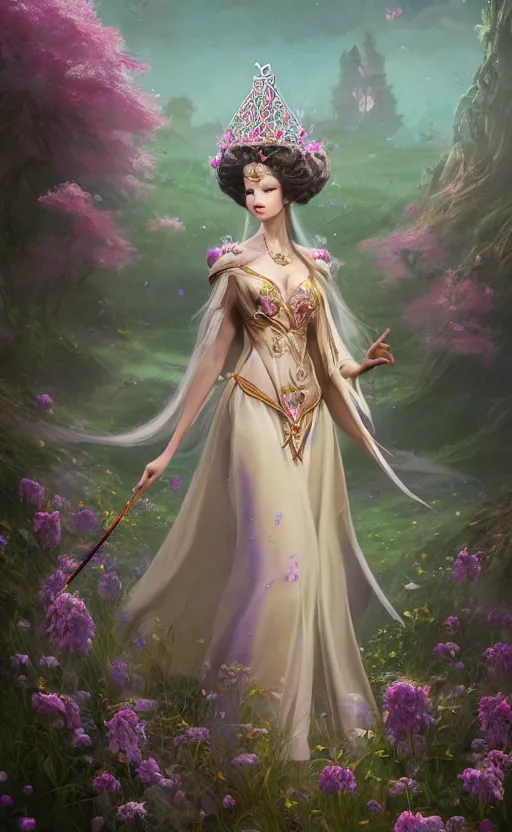 Image similar to A beautiful fantasy magician empress, highly detailed full body, amazing flower tiara, wearing aristocrat robe, delicate figure, field of flowers, among foxes and deer, epic composition, ultra wide-shot, dynamic pose, concept art, beautifully lit, digital painting, smooth, character design, sharp focus, elegant, intricate, trending on artstation, by WLOP and James Jean and Victo Ngai