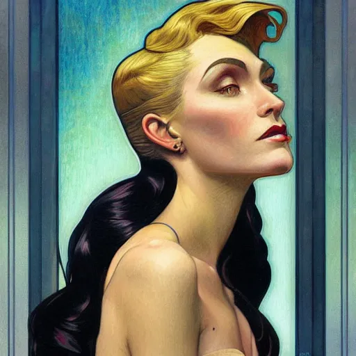 Image similar to a streamline moderne painting in the style of donato giancola, and in the style of charlie bowater, and in the style of alphonse mucha. symmetry, smooth, sharp focus, semi - realism, intricate detail.