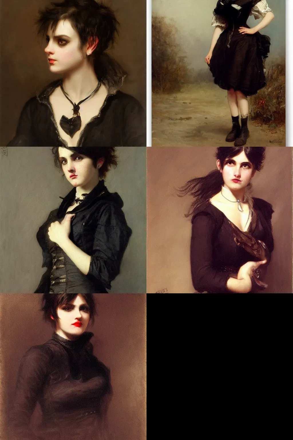Prompt: goth by andreas achenbach. high - quality character portrait. short dark brown messy pixie haircut, slightly rounded face, pointed chin, large black eyes!!!, small nose, black tank top, black leather jacket, black knee - length skirt, black choker.
