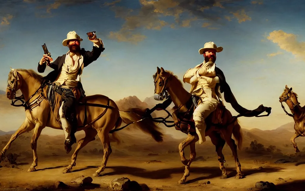 Prompt: a beautiful full body portrait of heisenberg in underpants with a gun on his hand in the middle of the desert, with a chariot in the background, art by franz xaver winterhalter, highly detailed, elegant, jewlery, romanticism, rococo, neoclassicism, 1 8 5 0 s style painting, oil on canvas, vivid