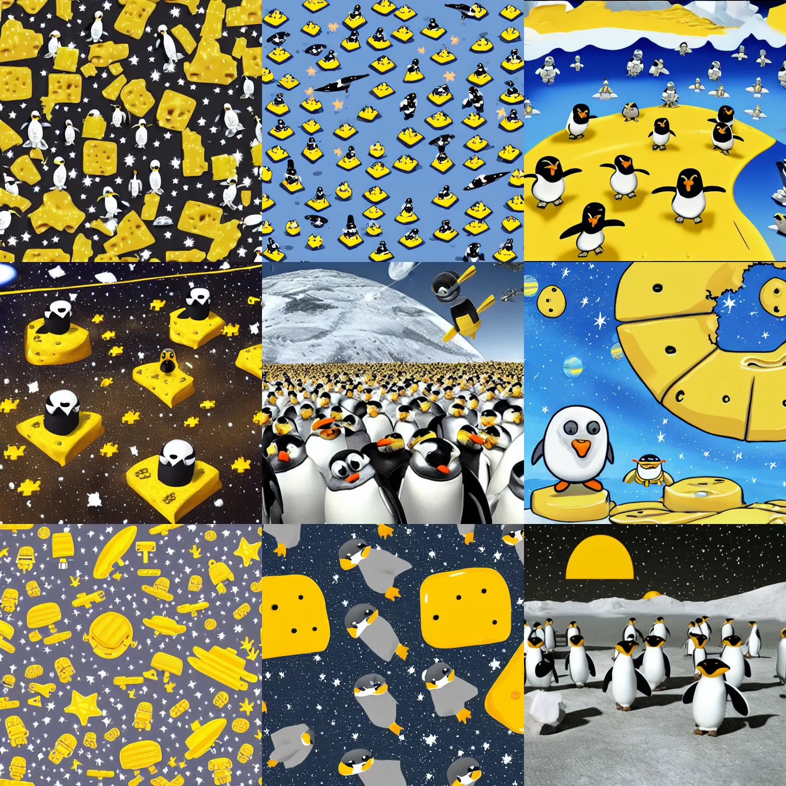 Prompt: planet made of yellow swiss cheese in space, army! of robotic penguins, soldier penguins, invasion, hyper-realistic