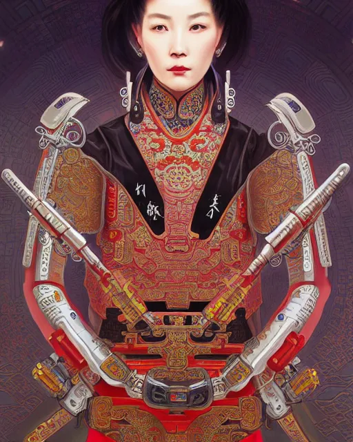 Image similar to portrait of a chinese cyberpunk machine, machine face, arms, upper half portrait, decorated with chinese opera motifs, regal, asian, fine china, wuxia, traditional chinese art intricate intense elegant 京 剧 highly detailed digital painting artstation concept art smooth sharp focus illustration, art by artgerm and greg rutkowski alphonse mucha 8 k