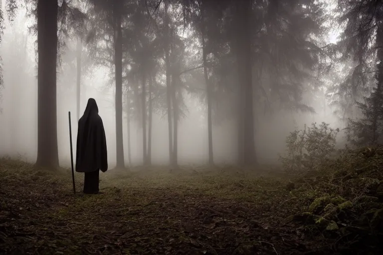 Image similar to a close shot of a grim reaper standing in a forest, detailed, style of flooko, mythical, mist, depressing, tired, dark, lush, nature, mist, mystery, glows, somber, dismal, fog, heavy fog, dark lighting, rim light, glow, ambient light, cybernetic, sci-fi,