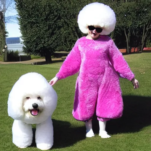 Image similar to a photo of a person wearing a bichon frise costume