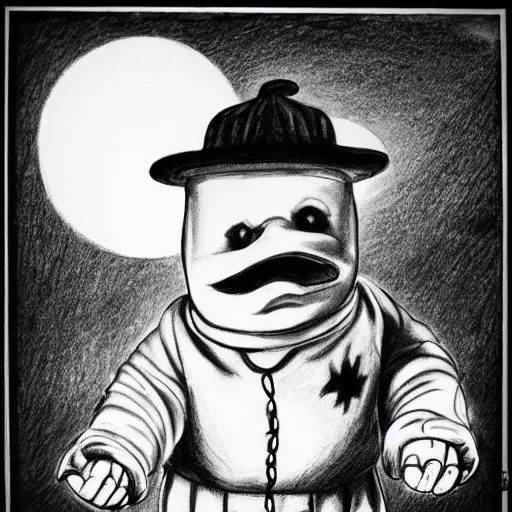 Image similar to Black and white drawing of the Stay Puft Marshmallow Man, Stephen Gammell style, evil, high detail, Scary Stories