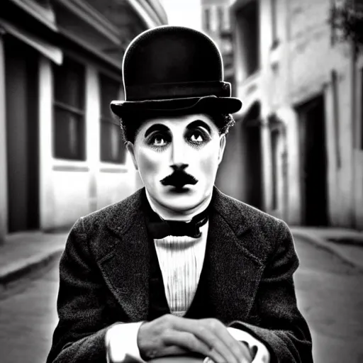 Image similar to charlie chaplin on the street, black and white color aesthetic, highly detailed, photorealistic portrait, bright studio setting, studio lighting, crisp quality and light reflections, unreal engine 5 quality render