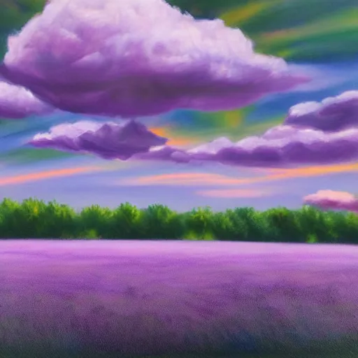 Image similar to realistic panting of a desk on a purple field blue clouds