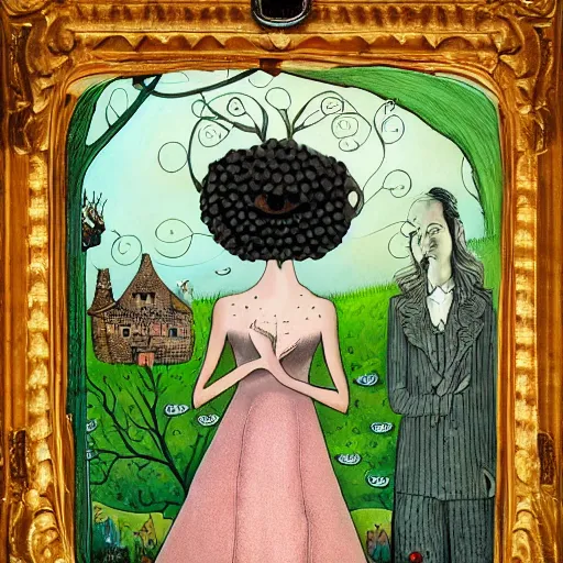 Image similar to a portrait of a woman standing infront of a window, she is happy and has lovely hair and eyes, a man is standing behind her with a look of suprise in his face, 🪴🌳🐝, 8 k, lowbrow, in the style of daniel merriam and alexander jansson,