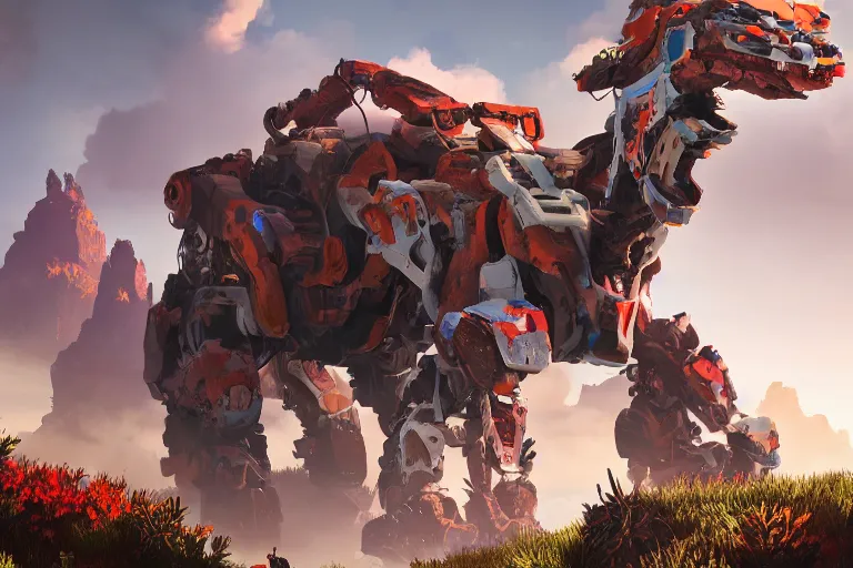 Image similar to behemoth machine mecha animal beast robot of horizon forbidden west horizon zero dawn bioluminiscence global illumination ray tracing hdr fanart arstation by sung choi and eric pfeiffer and gabriel garza and casper konefal