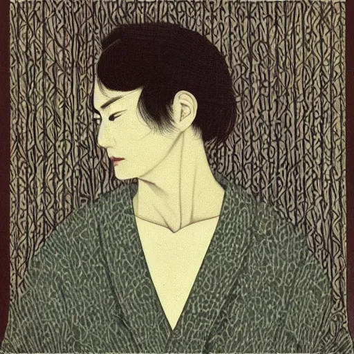 Prompt: “ matthew smith portrait by ikenaga yasunari and ayana otake and ko rakusui, 6 0 s poster, drawing, realistic, sharp focus, japanese, dreamy, nostalgia, faded, golden hues, floral clothes, porcelain skin ”