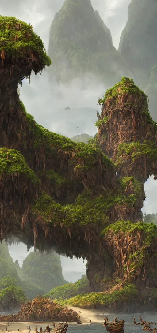 Image similar to skull Island, wooden fortress wall on a tropical island with ruff shore cliffs,landscape, raphael lacoste, eddie mendoza, alex ross, john howe, concept art, matte painting, highly detailed, rule of thirds, dynamic lighting, cinematic, detailed, denoised, centerd, clean render