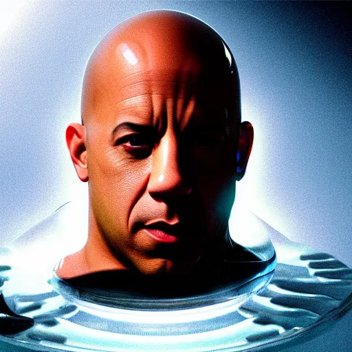 Prompt: vin diesel's disembodied detached head suspended floating inside a glass cylinder full of liquid, on top of a desktop computer with a keyboard, zordon from power rangers, hyper - realistic, detailed, photorealistic, photographic, octane render, head in a jar, sci - fi