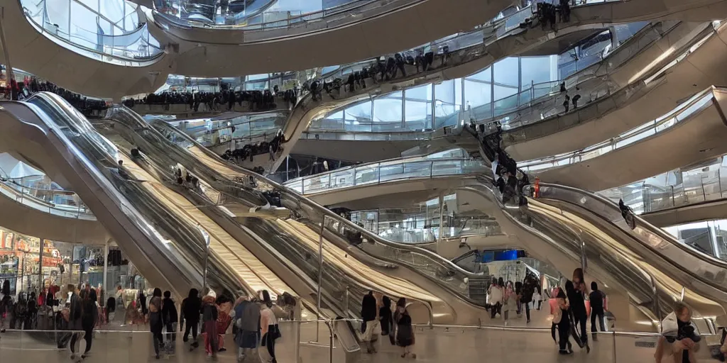 Prompt: a huge escalator ascending through a massive elaborate science museum