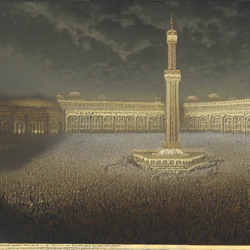 Prompt: painting of the kaaba on hajj day, highly detailed, volumetric lighting, god rays, by gustave dore and john collier