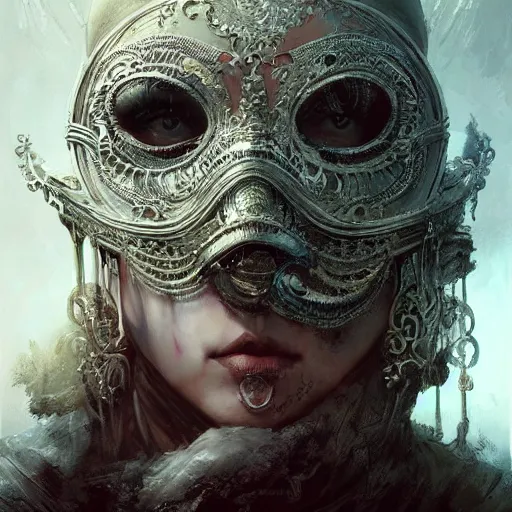 Image similar to Very very very very highly detailed epic photo of face with venetian mask, intricate, dystopian, sci-fi, extremely detailed, digital painting, artstation, concept art, smooth, sharp focus, illustration, intimidating lighting, incredible art by Greg Rutkowski and Jakub Rozalski and Artgerm and Anton Pieck