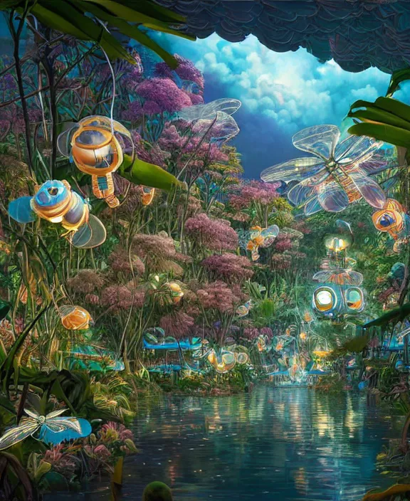 Image similar to an amusement park made out of seamless isopod dragonflies, in the style of a puffy robot, overgrown with orchids, partly cloudy, somber, dramatic lighting, by dan mumford, yusuke murata, makoto shinkai, ross tran, cinematic, unreal engine, cel shaded, featured on artstation, pixiv