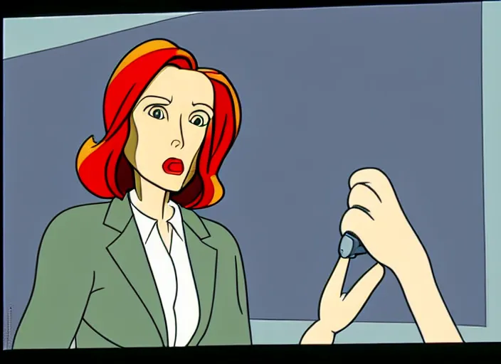 Image similar to dana scully on the x - files : the animated series, shaded animation still, animation model, sharp detail, animation cel, thin linework, in the style of don bluth, bruce timm, alex toth, filmation, toei animation, studio trigger, 5 k, hd