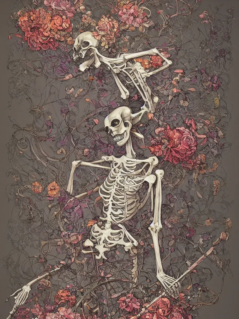 Image similar to a skeleton covered in flowers in a dynamic pose, art nouveau, james jean, peter mohrbacher, highly detailed, vivid lighting,