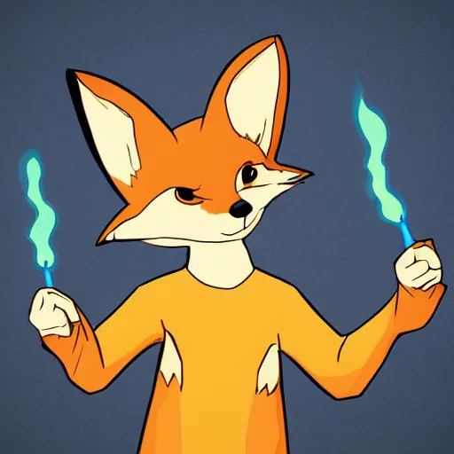 Prompt: Cartoon fennec character wearing a blue sweatshirt and holding fireballs, furry fandom, stylised