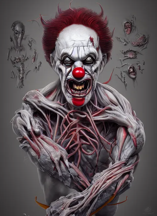 Image similar to evil horror clown, monster anatomy, ross tran, vivid colors, anatomical, highly detailed sculpture, intricate detailed, ommatidia, 8 k, cinematic atmosphere, post - processing