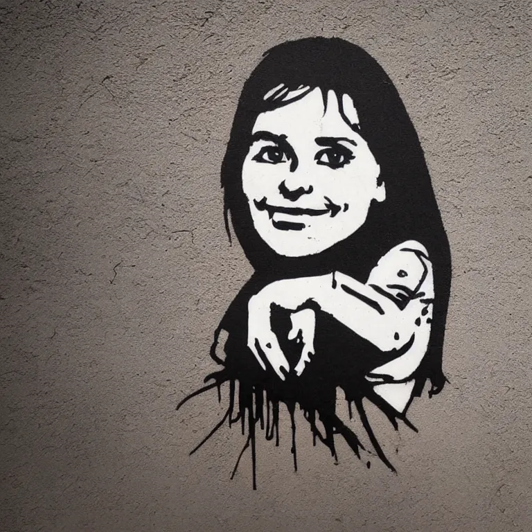 Prompt: smily woman face, style of banksy, street-art, sticker