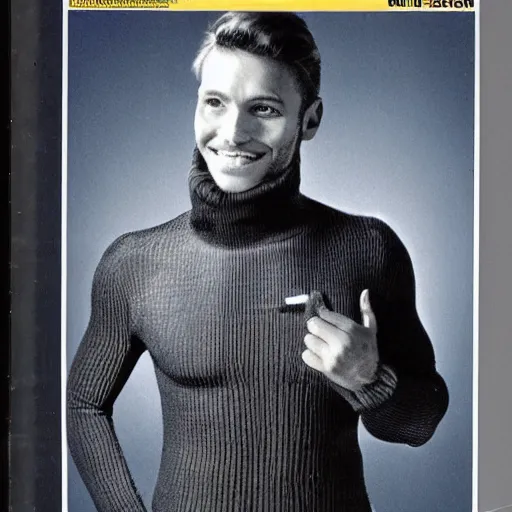 Image similar to handsome male anthropomorphic wolf, wearing a turtleneck, realistic advertising magazine photo