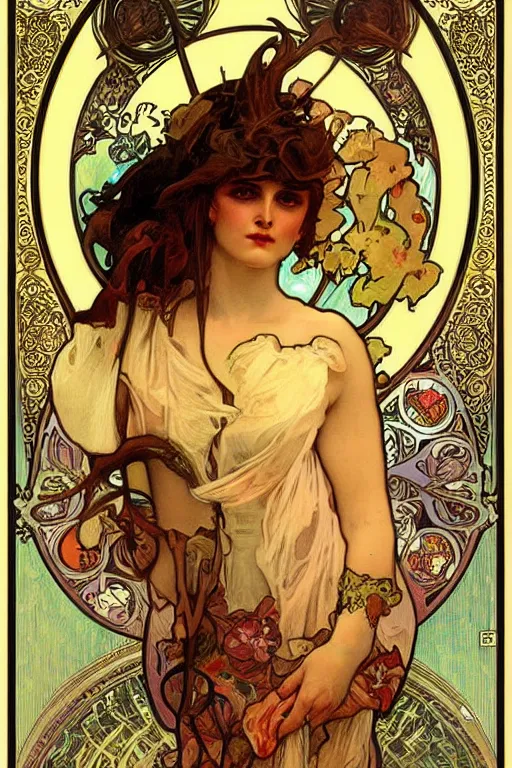 Prompt: Devil by Alphonse Mucha and Gaston Bussière in the style of Tom Bagshaw, art nouveau