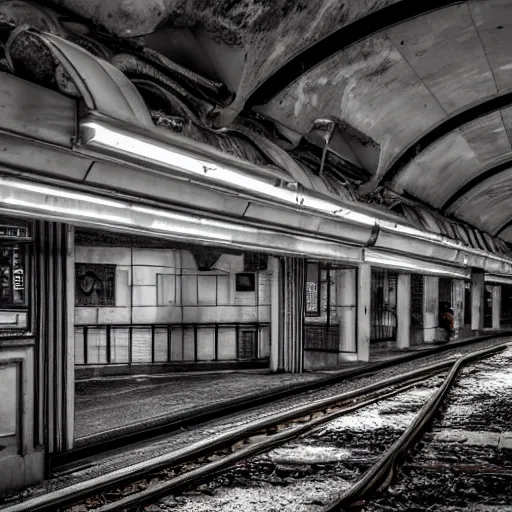 Image similar to abandoned london underground station, platform, haunting, beautiful, photorealistic, extreme detail, sharp focus, 4 k, award winning,