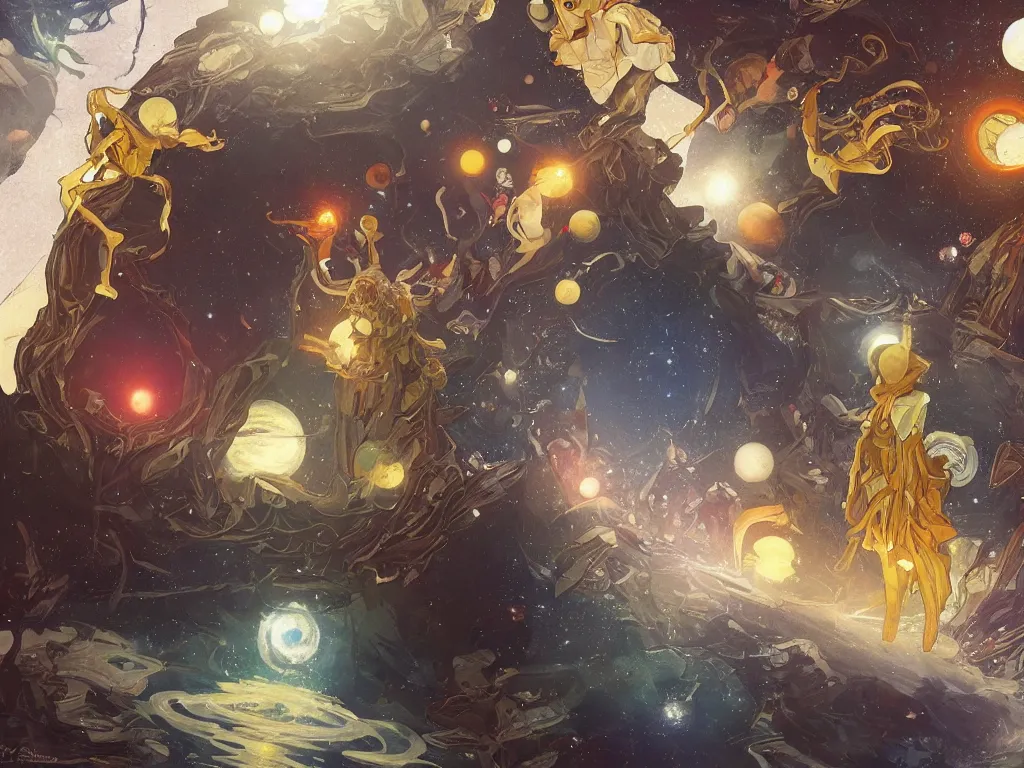 Prompt: A beautiful painting of a five big planets, shining its light, There are five planets that are black, white, yellow, red, and blue, Trending on artstation, concept art, highly detailed, art by Sam Youn and Fernanda Suarez and Artem Demura and alphonse mucha