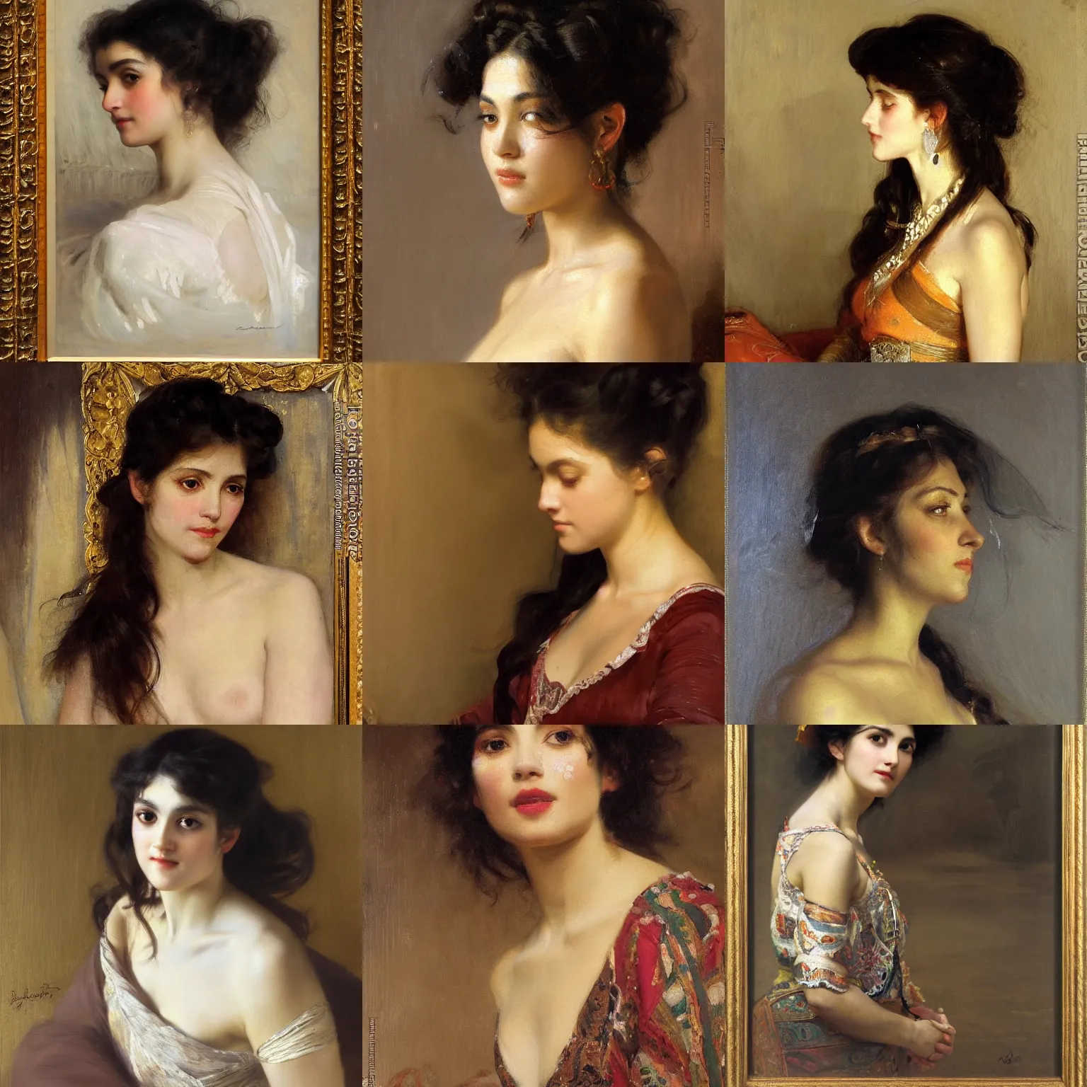 Prompt: orientalism painting of a young woman with dark curls leaning forward toward viewer eye contact collarbone detail by theodore ralli and nasreddine dinet and anders zorn and nikolay makovsky and edwin longsden long, oil on canvas, masterful intricate artwork, excellent lighting, high detail 8 k