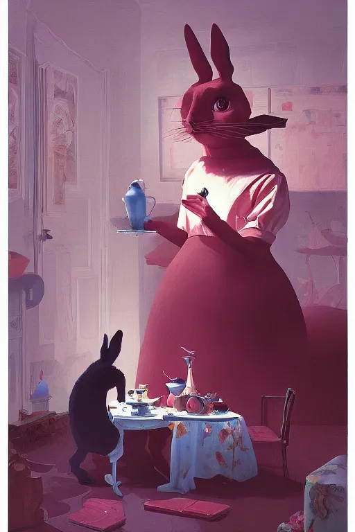 Prompt: Alice portrait tea party with Mr Rabbit in the wonder trash land Edward Hopper and James Gilleard, Zdzislaw Beksisnski, higly detailed