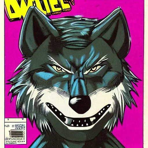 Image similar to 1 9 8 0 s comic book cover scan featuring a portrait of villain male wolf o'donnell anthropomorphic wolf furry fursona from starfox wearing a dark space mercenary uniform, dark grey wolf, handsome eyes, wolf o'donnell