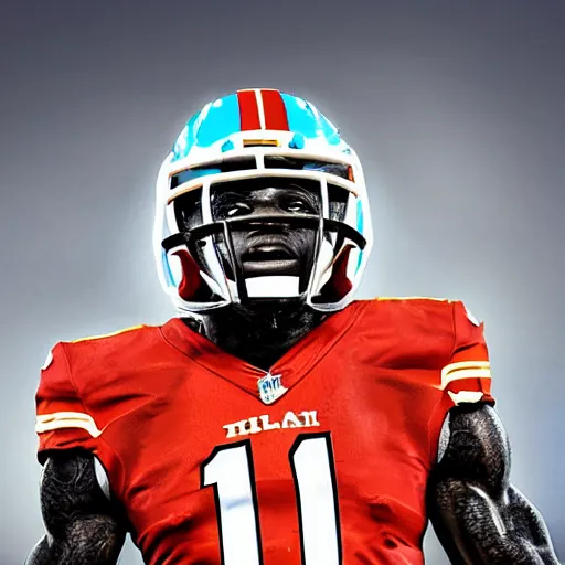 Image similar to portrait of tyreek hill, determined, great detail, looking to the sky, superbowl, miami dolphins