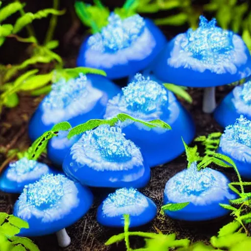 Prompt: blue glowing jello mushrooms in a mystical forest, high detail