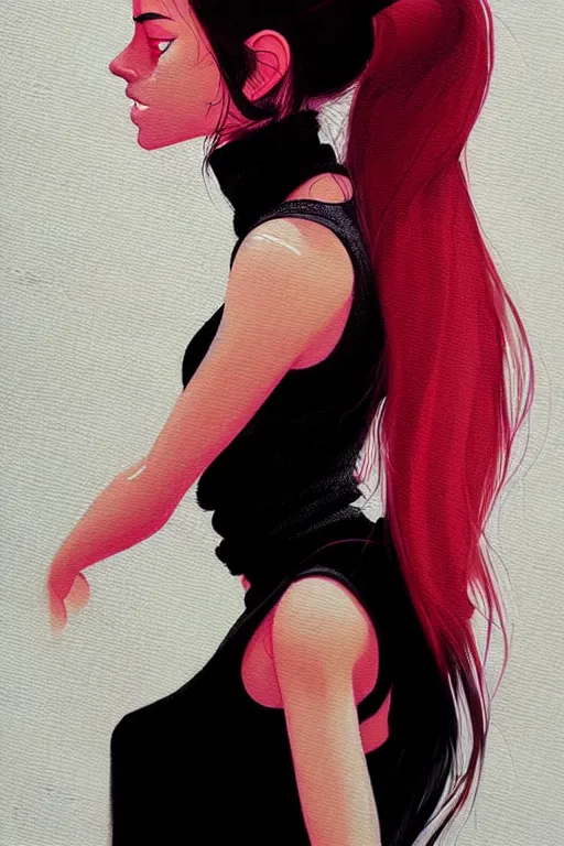 Image similar to a ultradetailed beautiful painting of a stylish woman in with a ponytail, she is wearing a black tank top and jeans, by conrad roset, greg rutkowski and makoto shinkai trending on artstation