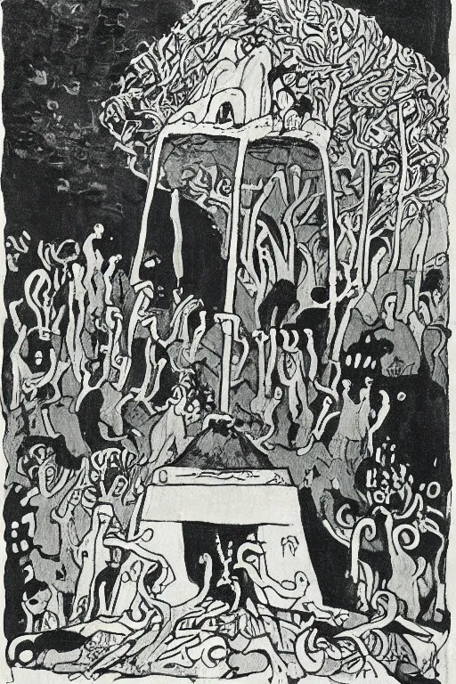 Image similar to Artwork by Tove Jansson of the cinematic view of the Cenotaph of Ever-changing Blasphemy.